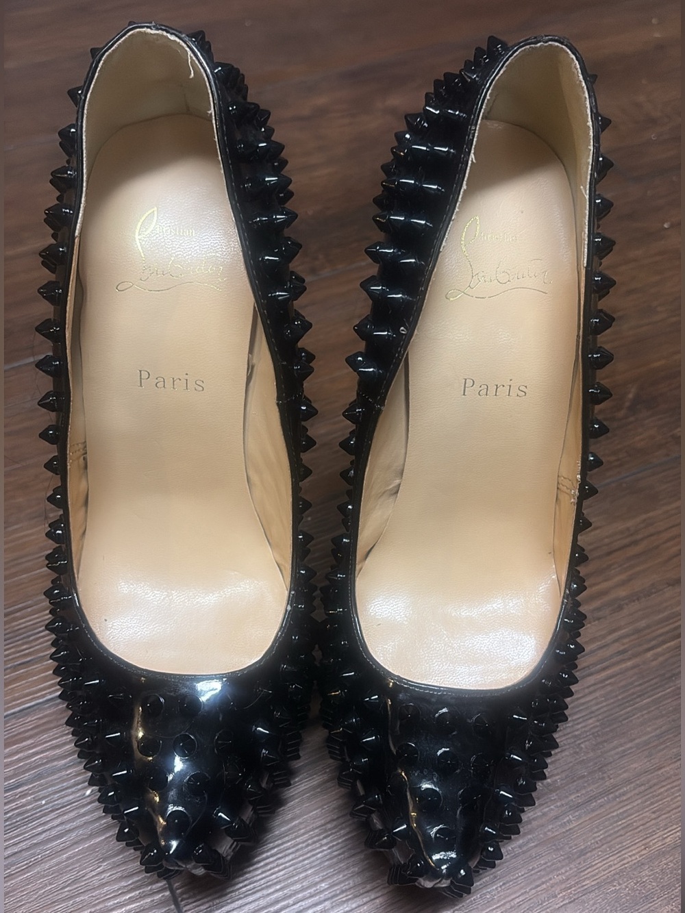 Christian Louboutin Black Patent Spike-Embellished Pointed Pumps